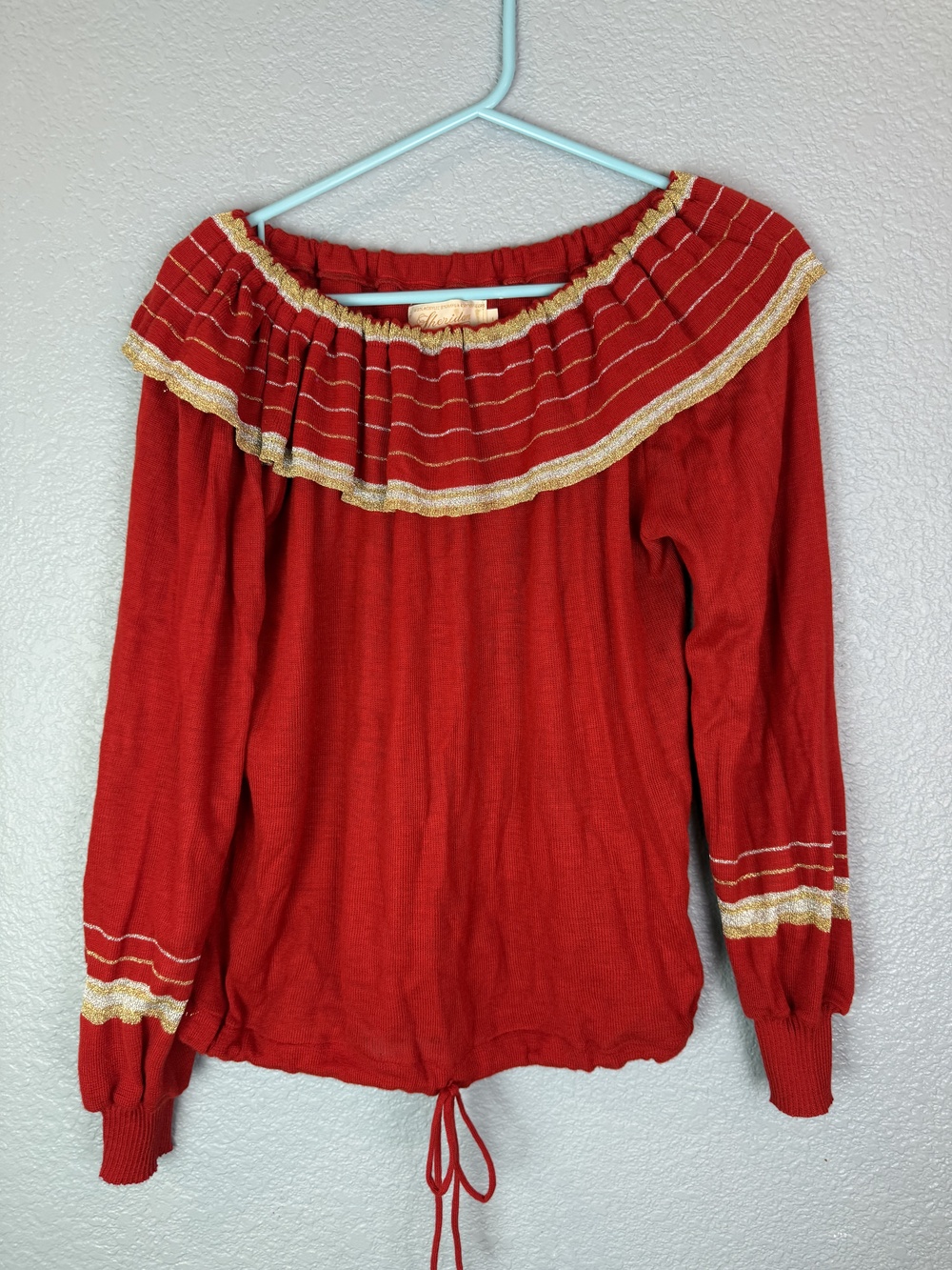 Vintage Sheridan Sweater Womens Large Off Shoulder Metallic Gold Boho 70s Top